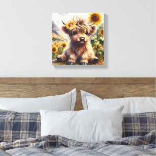 Toile Jolie Vache Highland Aux Tournesols