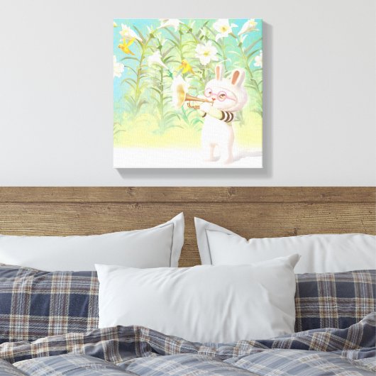 Toile Joueur de trompette lapin bébé avec oiseau dans ja (Insitu(Chambre))