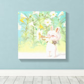 Toile Joueur de trompette lapin bébé avec oiseau dans ja (Insitu (Plancher de Bois))