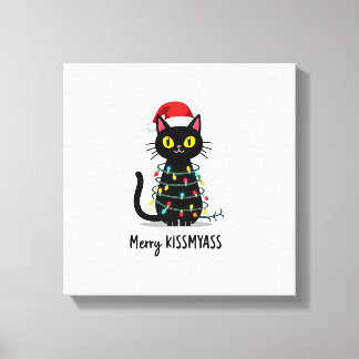 Toile Joyeux Bisousdrôle Chat Lumières de Noël Premium