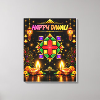 Toile Joyeux Diwali Coloré Rangoli et Diya Traditionnel
