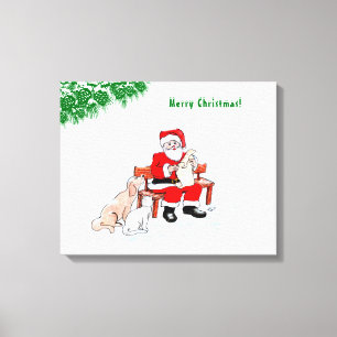 Toile Joyeux Noël - Le Père Noël avec Chat et Chien