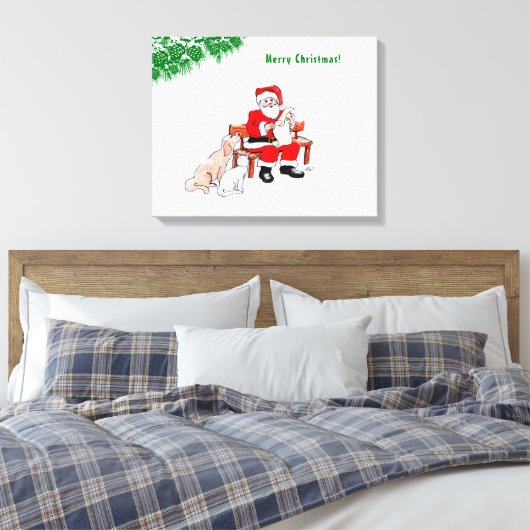 Toile Joyeux Noël - Père Noël avec chat et chien (Insitu(Chambre))