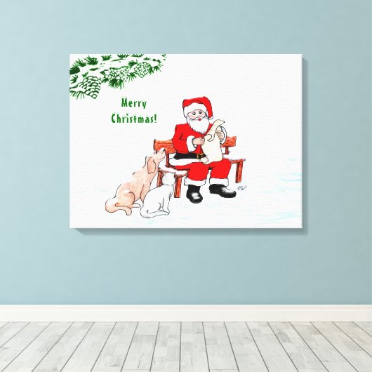 Toile Joyeux Noël! Père Noël avec chat et chien (Insitu (Plancher de Bois))
