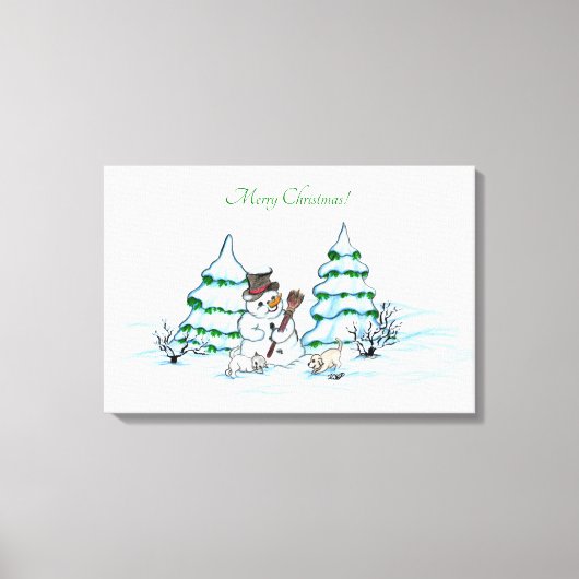 Toile Joyeux Noël ! Snowman avec chat et chiot (Recto)