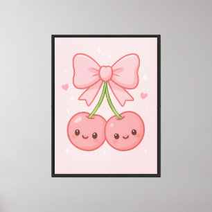 Toile ✨ Kawaii Pink Cherry Bow Mur Art - Jolie esthétiqu