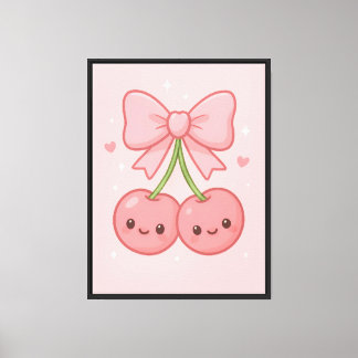 Toile ✨ Kawaii Pink Cherry Bow Mur Art - Jolie esthétiqu