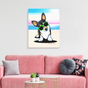 Toile KiniArt Tricolor Corgi Dog Beach Canvas Imprimer