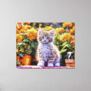 Toile Kitten au gingembre dans un jardin fleuri