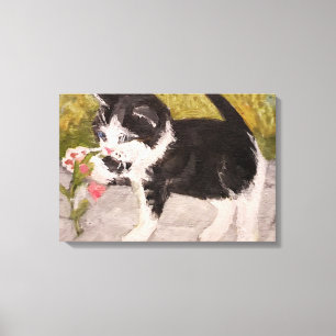 Toile Kitten Jouer avec Fleur rose