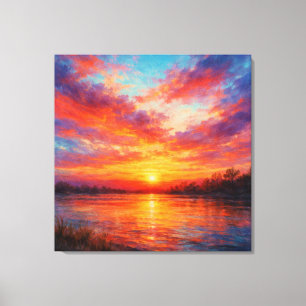 Toile Lac au coucher du soleil - Style de peinture paste
