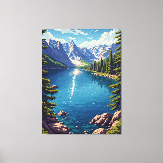 Toile Lac de montagne avec forêt de pins et rive rocheus