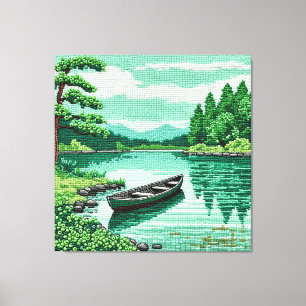 Toile Lac pittoresque avec canoë, pins