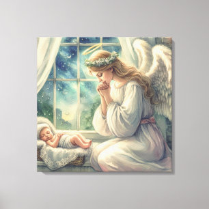 Toile l'ange gardien prie près du berceau du bébé
