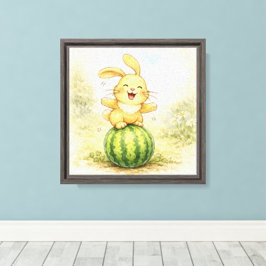 Toile Lapin joyeux en équilibre sur pastèque (Insitu (Plancher de Bois))