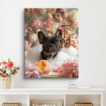 Toile L'art du chien de taureau français | Frenchie dans<br><div class="desc">L'art français de Bulldog avec un Bulldog français ludique,  profitant d'un bain relaxant rempli de bulles et de belles fleurs. Cette charmante oeuvre ajoute une touche de chaleur et de personnalité à votre espace,  ce qui le rend plus accueillant et joyeux.</div>