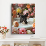 Toile L'art du chien de taureau français | Frenchie dans<br><div class="desc">L'art français de Bulldog avec un Bulldog français ludique,  profitant d'un bain relaxant rempli de bulles et de belles fleurs. Cette charmante oeuvre ajoute une touche de chaleur et de personnalité à votre espace,  ce qui le rend plus accueillant et joyeux.</div>