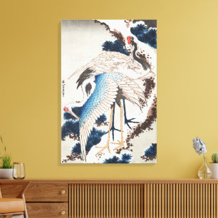 Toile L'art japonais de Hokusai Deux grues Pin neigeux
