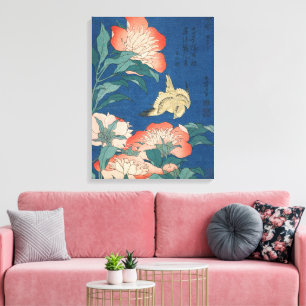 Toile L'art japonais de Hokusai Pivoines et Canari