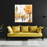 Toile L'automne aquarelle dans la ville<br><div class="desc">Peinture murale en toile enveloppée représentant une aquarelle illustrant un couple qui se promène dans un paysage urbain le jour d'automne et d'automne et un arbre avec des feuilles tombants à l'avant-plan. Affichage en 12x12. Taille et styles supplémentaires disponibles, l'image peut avoir besoin d'être modifiée pour correspondre à la taille...</div>