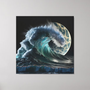 Toile Le tsunami déferle sous la lumière de la lune.
