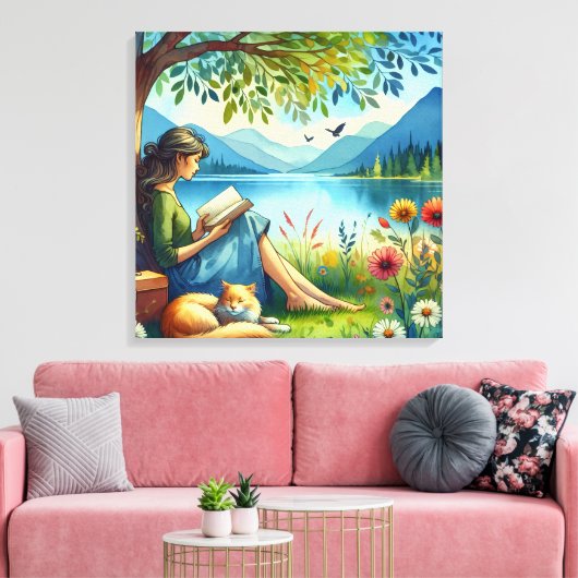 Toile Lecture d'un livre sous un arbre avec un chat endo (Insitu(Salon))