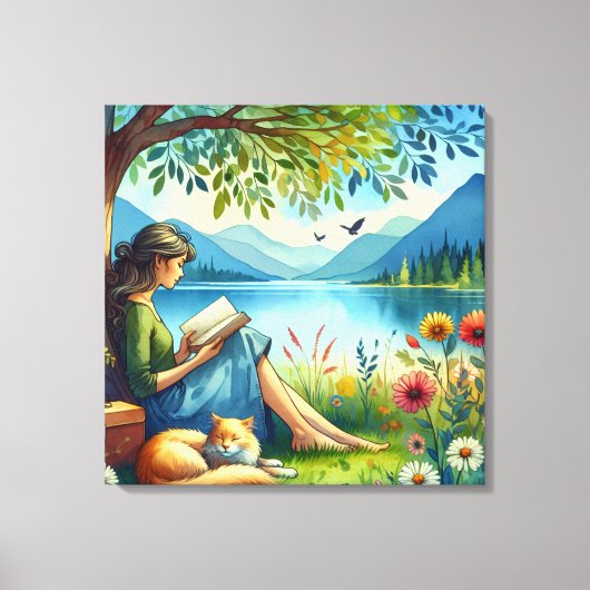 Toile Lecture d'un livre sous un arbre avec un chat endo (Recto)