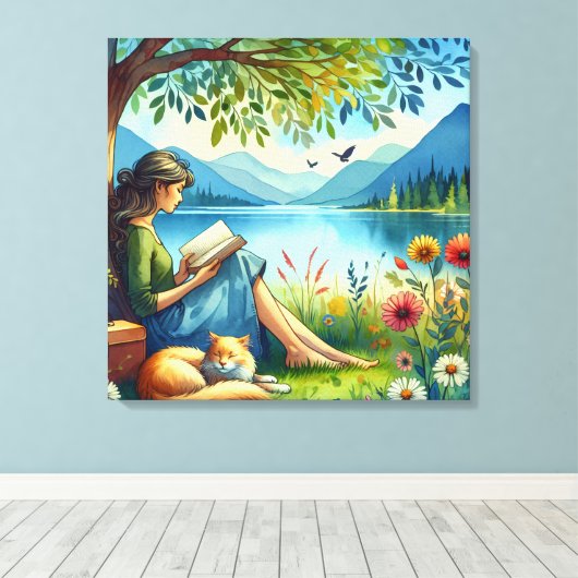 Toile Lecture d'un livre sous un arbre avec un chat endo (Insitu (Plancher de Bois))