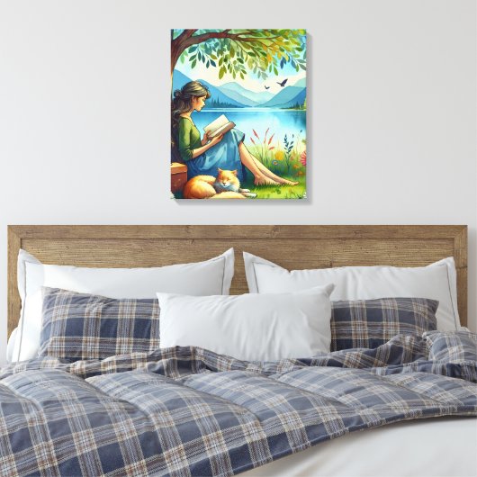 Toile Lecture d'un livre sous un arbre avec un chat endo (Insitu(Chambre))