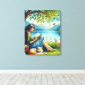 Toile Lecture d'un livre sous un arbre avec un chat endo (Insitu (Plancher de Bois))