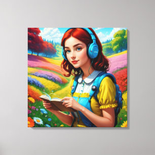 Toile Lecture fille avec casque paysage coloré