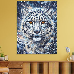 Toile Léopard des neiges aux yeux dorés et cristaux de g