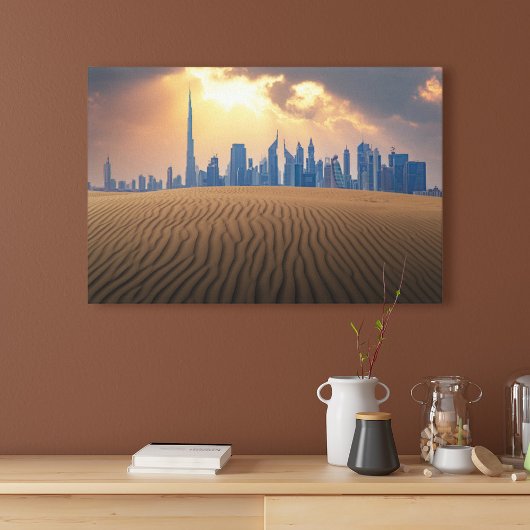 Toile Les déserts | Vue Skyline de Dubaï depuis la dune