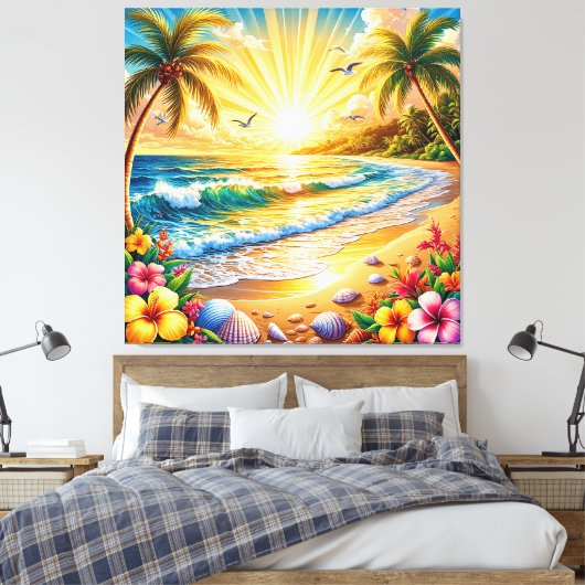 Toile Lever de soleil de plage tropicale avec palmiers, (Insitu(Chambre))