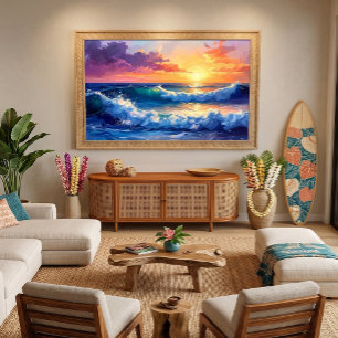 Toile Lever de soleil en mer sur des vagues peintes