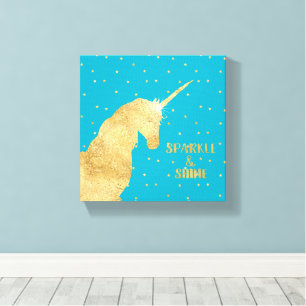 Toile Licorne Étoiles Aqua Bleu Or Brille et Resplendit