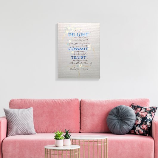 TOILE LIGHT, COMMIT, TRUST, PSALM 37 CALLIGRAPHIE BLUES (Insitu(Salon))