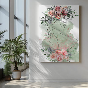 Toile Ligne art femme avec fleurs rose éclat d'eau