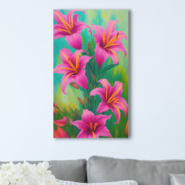 Toile Lilies roses vifs sur peinture à l'huile numérique