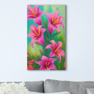 Toile Lilies roses vifs sur peinture à l'huile numérique