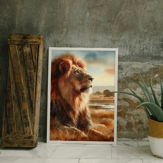 Toile Lion aquarelle sur la savane