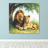 Toile Lion et lionne sous un arbre (Insitu (Plancher de Bois))