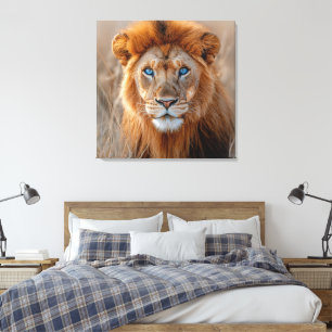 Toile Lion majestueux mâle aux yeux bleus brillants