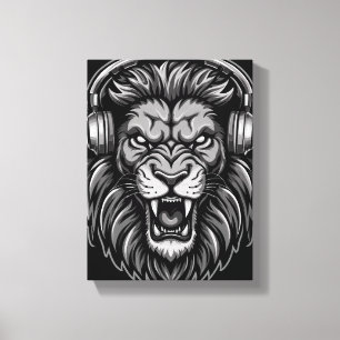 Toile Lion rugissant féroce avec casque audio monochrome