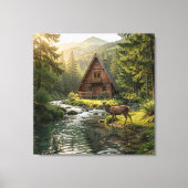 Toile Log Cabin, Stream, Mountains and Deer Nature Art (Recto)