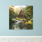 Toile Log Cabin, Stream, Mountains and Deer Nature Art (Insitu (Plancher de Bois))