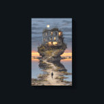 Toile Lone Walker Surreal Floating Ruin Moon<br><div class="desc">A solitary figure in a dark suit strides along a narrow path of cracked earth toward a decaying multi-story building that impossibly crowns a jagged floating island. Warm golden light spills from broken windows and an occupied balcony, while wildflowers, overgrown weeds, and bare twisted trees cling to the rocky edges....</div>