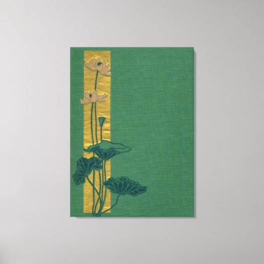 Toile Lotus rose sur lin vert - couverture vintage (Recto)