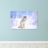 Toile Loup de bois assis dans la neige, Canis lupus, (Insitu (Plancher de Bois))