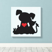 Toile Love Chiot et Kitten Silhouette Bleu (Insitu (Plancher de Bois))